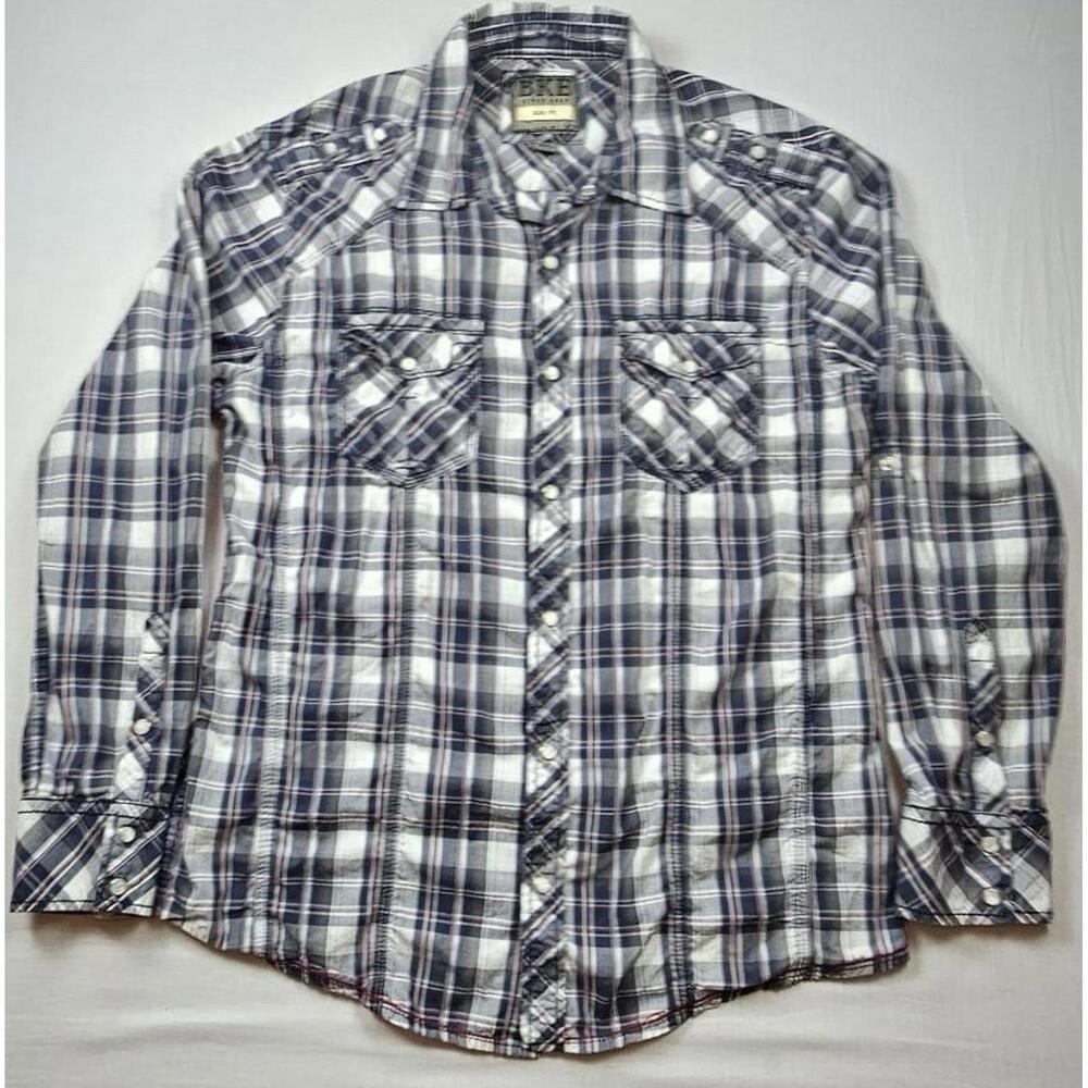 BKE Mens Shirt Large Gray Plaid Slim Fit Pearl Snap Western‎ Rodeo Cowboy